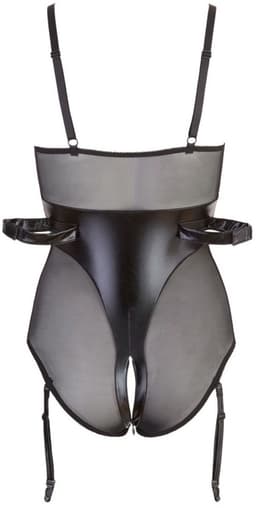 Cottelli Collection – Bondage Jarretel Body Wetlook met Elleboog Riemen en Tepel Sluiting – Maat S – Zwart — thumbnail 4