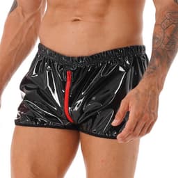 Glanzende boxershort kunstleder - Leer - Ritssluiting open kruis - Latex look - Porno BDSM Kleding - Erotiek - Short - Kort broekje — thumbnail 5