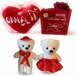 Hart Kussen Set - Valentijnscadeau Decoratie - Romantische Verrassing - Met Fluweelroos - 20 cm Hart - Rood — thumbnail 1