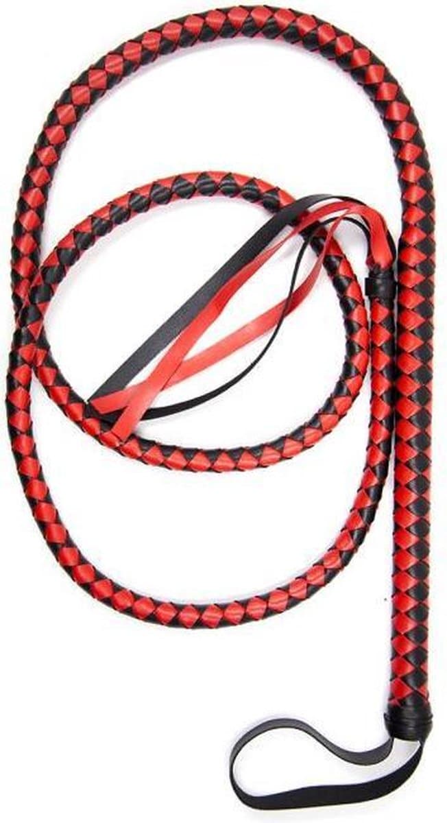 Lange gevlochten single tail - Bull Whip - 190 cm lang - Rood/Zwart — afbeelding 1