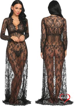 Verleidelijke transparante zwart kanten maxi jurk met lange mouwen – Sexy lingerie jurk nachtkleding - Cover-up jurk - Strandjurk - Sexy kleding - Transparent white lace maxi dress with long sleevesDeze betoverende zwarte lange jurk gemaakt — thumbnail 1