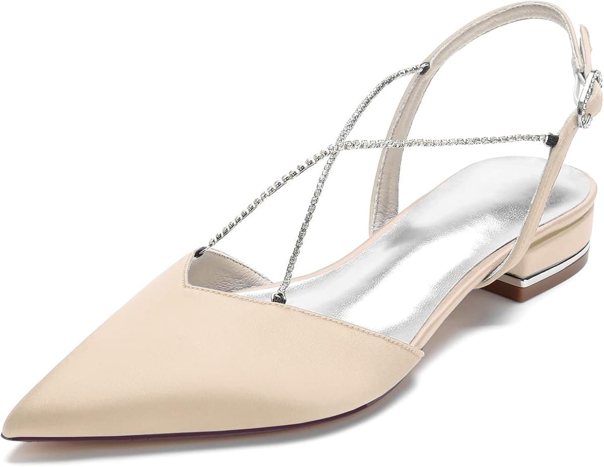 Bruidsschoenen Satijn - Chique Dames Flats - Feestelijke Gelegenheden - Spitse Neus Gekruiste Bandjes - 2.5 cm Hakhoogte — afbeelding 1