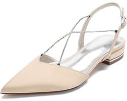 Bruidsschoenen Satijn - Chique Dames Flats - Feestelijke Gelegenheden - Spitse Neus Gekruiste Bandjes - 2.5 cm Hakhoogte
