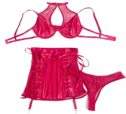 Zeloria PU Leren Lingerie Set met Rokje en Jarretelles – Halter Lingerie Set Dames – Rood – M — thumbnail 3