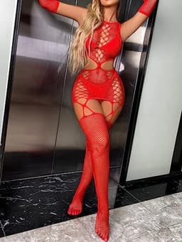 Rode netstof bodystocking voor dames - opengewerkt catsuit met handschoenen — thumbnail 3