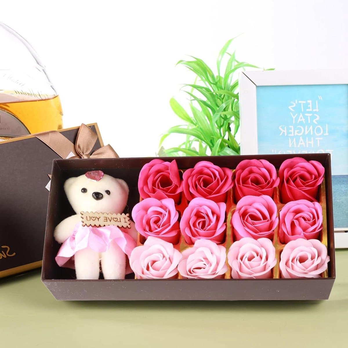 Rozenbloem Pluche Beer - Romantisch Cadeau - Cadeau Geven - Zeepbloemen Met Beer - 24 x 12 x 5 cm — afbeelding 1