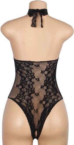 Sexy Lingerie - Erotische Zwarte Halter Strapless Bodystocking van Kant - Open kruis - Sexy Teddy - Kanten Body - Erotiek - Valentijnsdag - Kleur Zwart - Maat L-XXL — thumbnail 4