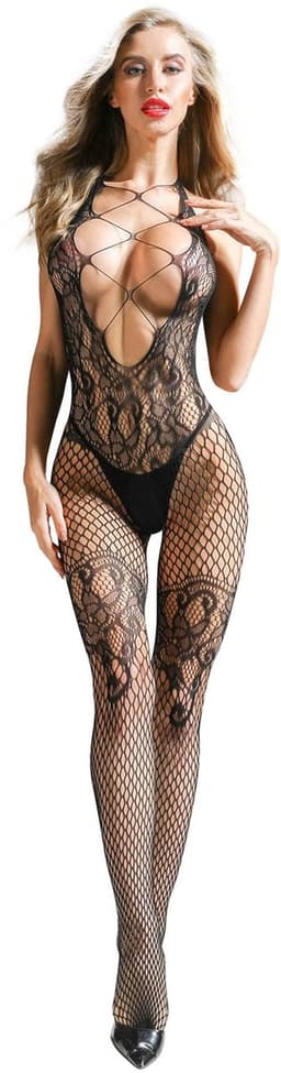 Cindylove - Luxe Kant Bodystocking met Diepe V-hals - Catsuit - One Size - Zwart — thumbnail 2