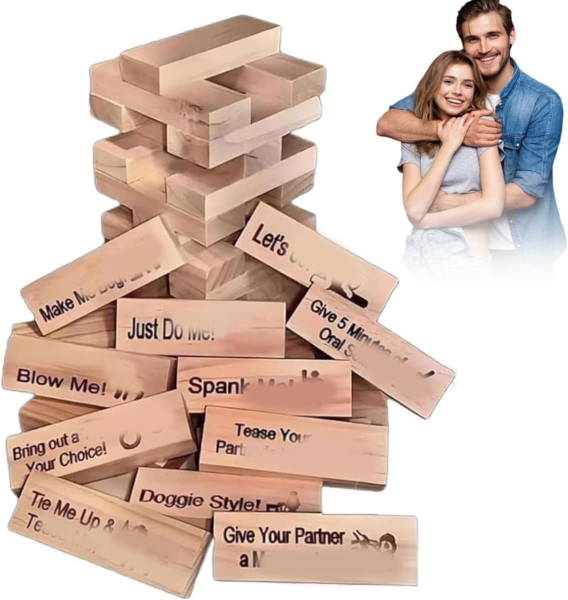 Houten Stapelspel - Koppelspel Feestspel - Romantisch Avondje - 48 Unieke Blokken - 22x15x4 cm - Natuurlijk Hout — afbeelding 1