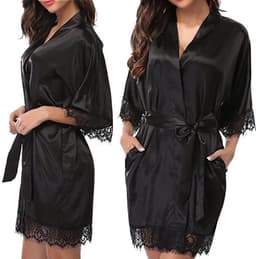 Sexy dames kimono - Maat XL - Zwart - Kant - Avondjas - Satijnen badjas - Zwart - LOUZIR — thumbnail 2