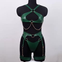 SCHEFMAN® Lederen harnas vrouwen | Erotische taille band goth bretel | Lingerie set | Full body bondage - Groen — thumbnail 5