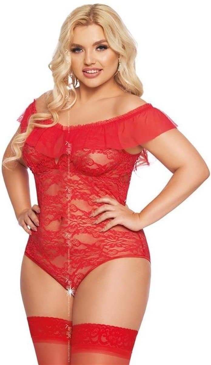 Softline - Kamila - Dames Lingerie Plus Size - Kanten Jurkje - Super Strakke Doorschijnende Chemise - Sexy Kanten Lingerie Set met Bloemen - Grote Maat - Uitdagende Bodystocking - Erotisch Setje - Rood - XL — afbeelding 1