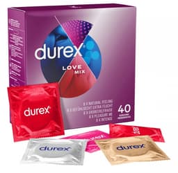 Durex Love Mix Condooms - 40 stuks - 8x Thin Feel Extra Lube (Elite) - 8x Intens Orgasme (ribbels, nopjes en gel) - 8x Thin Feel Ultra (extra dun) - 8x Aardbeismaak - 8x Pleasure Me (ribbels en nopjes) - Discreet Verpakt — thumbnail 1