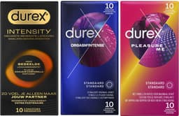 Durex - 30 stuks Condooms - Intensity 10st Nieuwste generatie ultradun, gedeelde lichaamswarmte - Orgasm Intense met Stimulerende Gel 10st - Pleasure Me met ribbels 10st - Voordeelverpakking — thumbnail 1