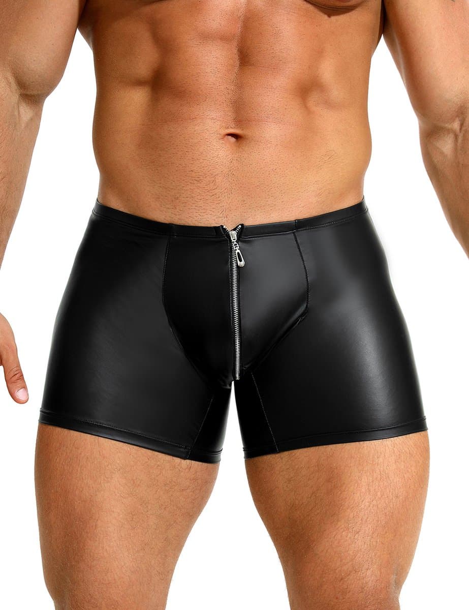 Zwarte heren boxershorts met rits - maat S/M - black sexy PU leather men boxers with zipper underwear -BDSM -mannen boxer clubwear heren ondergoed erotiek — afbeelding 1