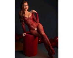 Sexy Catsuit met Open Kruis - Rood - Off-shoulder - Romantische Cadeau Lingerie - One Size S/XL - LekkerStout ( LS312 )