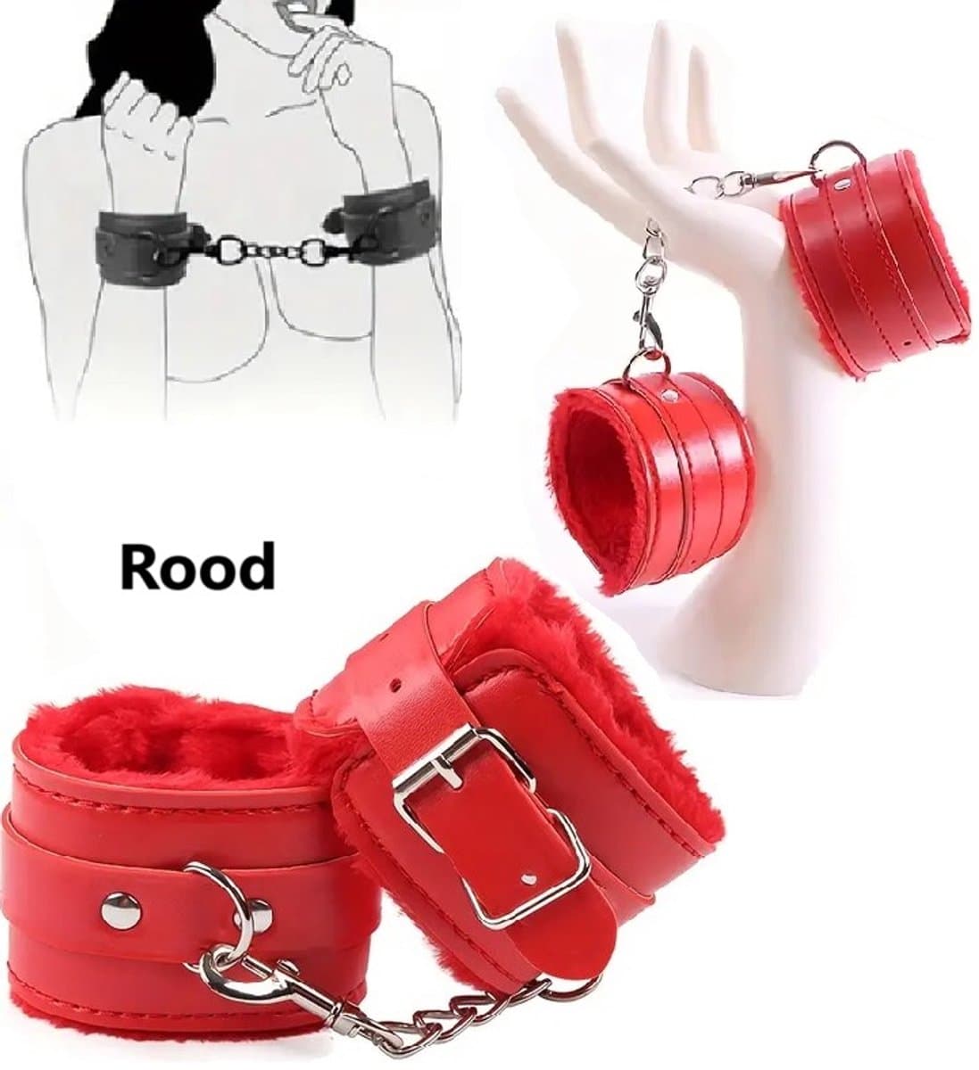Pluche BDSM Handboeien I Erotische PU Leren Handboeien I Eotische Speelplezier I Verstelbaar I Bondage I Rood — afbeelding 1