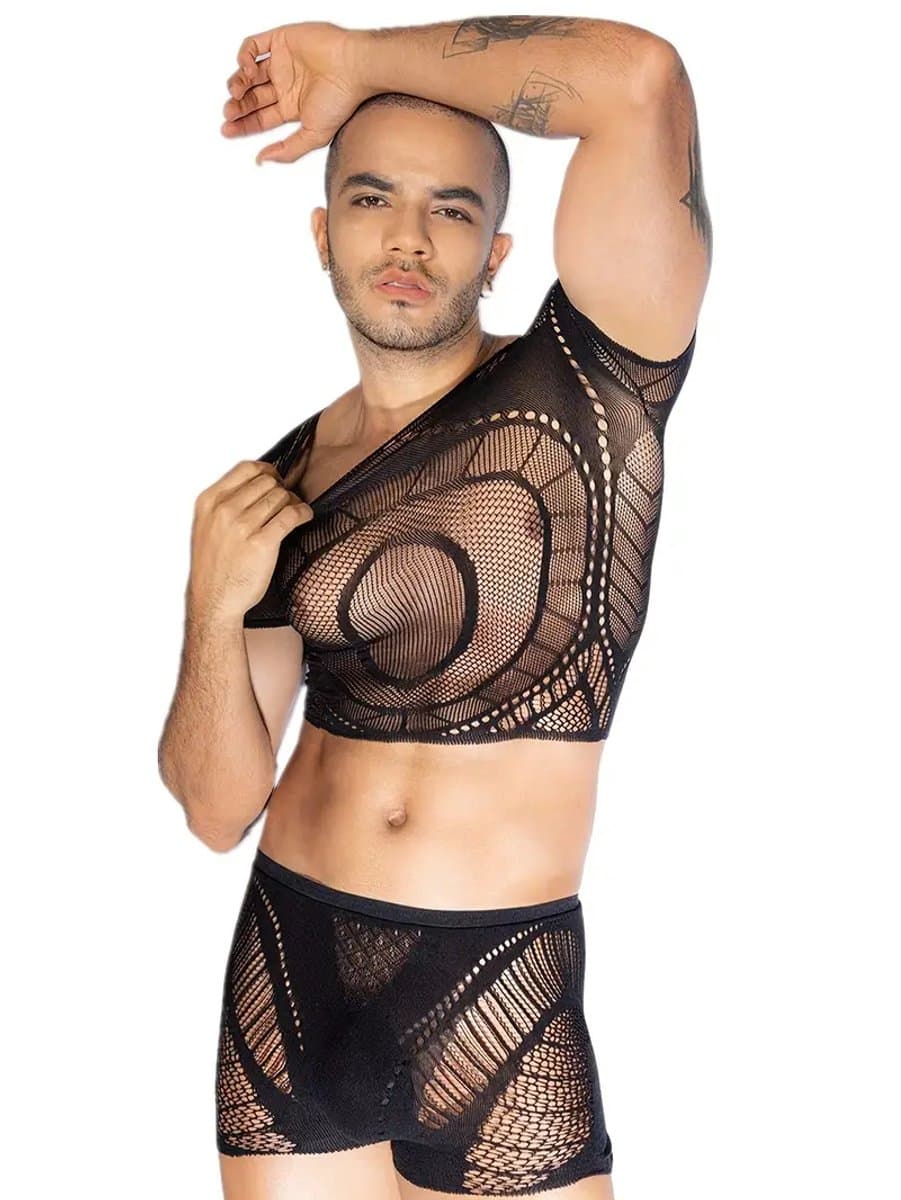 Transparante Visnet Body voor Heren - 2-delig - Sexy Mesh Set - Incl. Zwarte Kruis-Tepelstickers - One Size S-L | LekkerStout | ( LS326 ) — afbeelding 1
