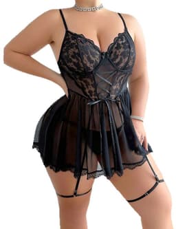 Sexy Dames Lingerieset - Verleidelijk Ondergoed - Kanten Ondergoed - Sexy Lingerieset - Groot Formaat - Verleidelijk - Festival Outfit - Geschikt Voor Jubilea, Huwelijksreizen, Romantische Avonden, Valentijnsdag, Huwelijksnachten - Zwart - XXL — thumbnail 1