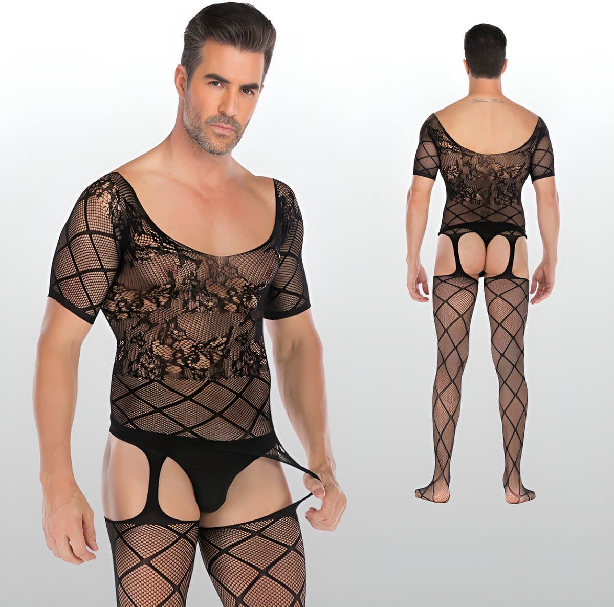 Heren Bodystocking Met Kant & Jarretels - Zwart - Erotische Herenlingerie - One Size S-XL (46-52) | LS166 — afbeelding 1
