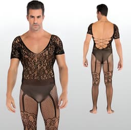 LekkerStout Heren Catsuit met Open Kruis - Zwart - Visnet Herenlingerie - One Size S-XL | LS141 — thumbnail 1