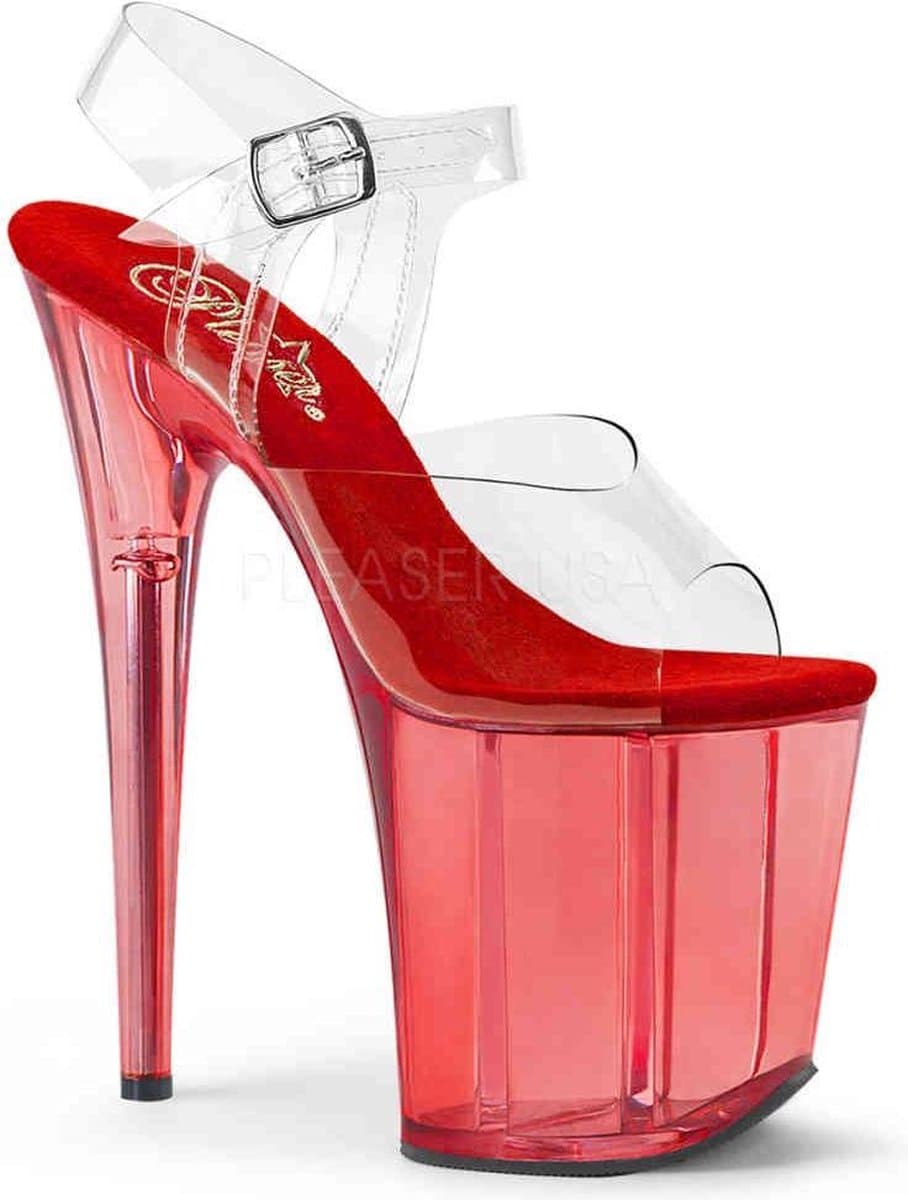 Pleaser - FLAMINGO-808T Sandaal met enkelband, Paaldans schoenen - Paaldans schoenen - 36 Shoes - Rood/Transparant — afbeelding 1