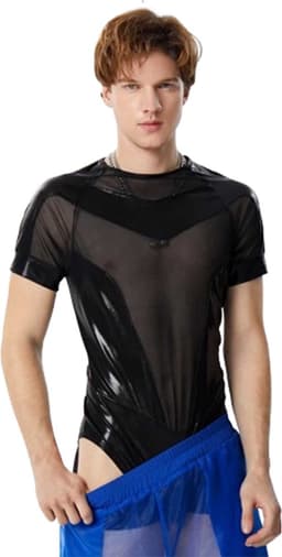 Heren Bodysuit - Zwart Transparant - Leather Look - Mannenlingerie - Erotische herenkleding - Lingerie voor Mannen — thumbnail 3