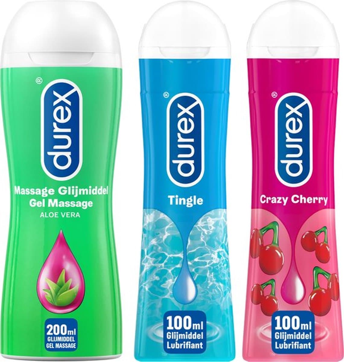 Durex - 3 Glijmiddelen - Waterbasis - Massage Olie en Glijmiddel 2/1 Aloë Vera 200ml - Play Tingle Gel 100ml - Crazy Cherry met Smaak Kers 100ml — afbeelding 1