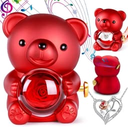 Rozenbeer met Ketting - Bloemenbeer Cadeau - Romantisch Verrassen - Met Muziekdoos - 12 x 11 x 16 cm - Rood — thumbnail 1