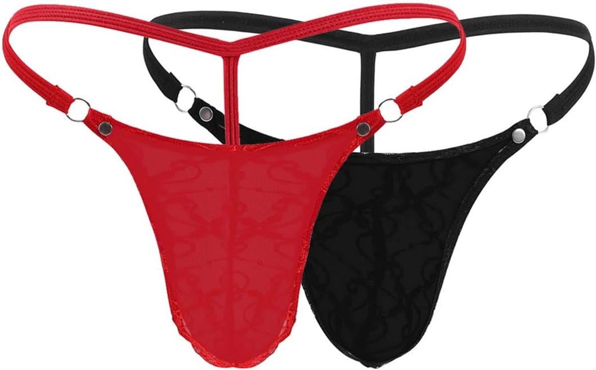 Sleek Heren String met Kant en Elastische Tailleband - Zwart en Rood — afbeelding 1