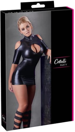 Cottelli Collection – Strakke Wetlook Mini Jurk met Open Schouders en Lange Mouwen voor Uitdaging – Maat M – Zwart — thumbnail 5