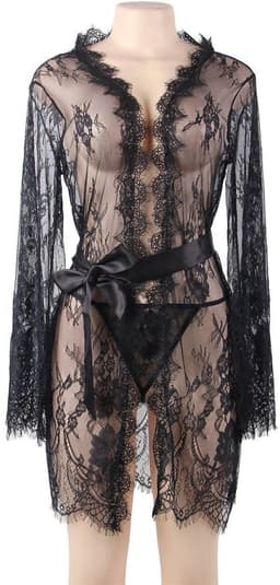 Sexy Lingerie - Elegante Erotische babydoll - Kimono - met lange mouw van Kant met bijpassende String - Sexy Teddy - Erotiek - Valentijnsdag Cadeau Voor Hem & Haar - Zwart - Maat M-L — thumbnail 4