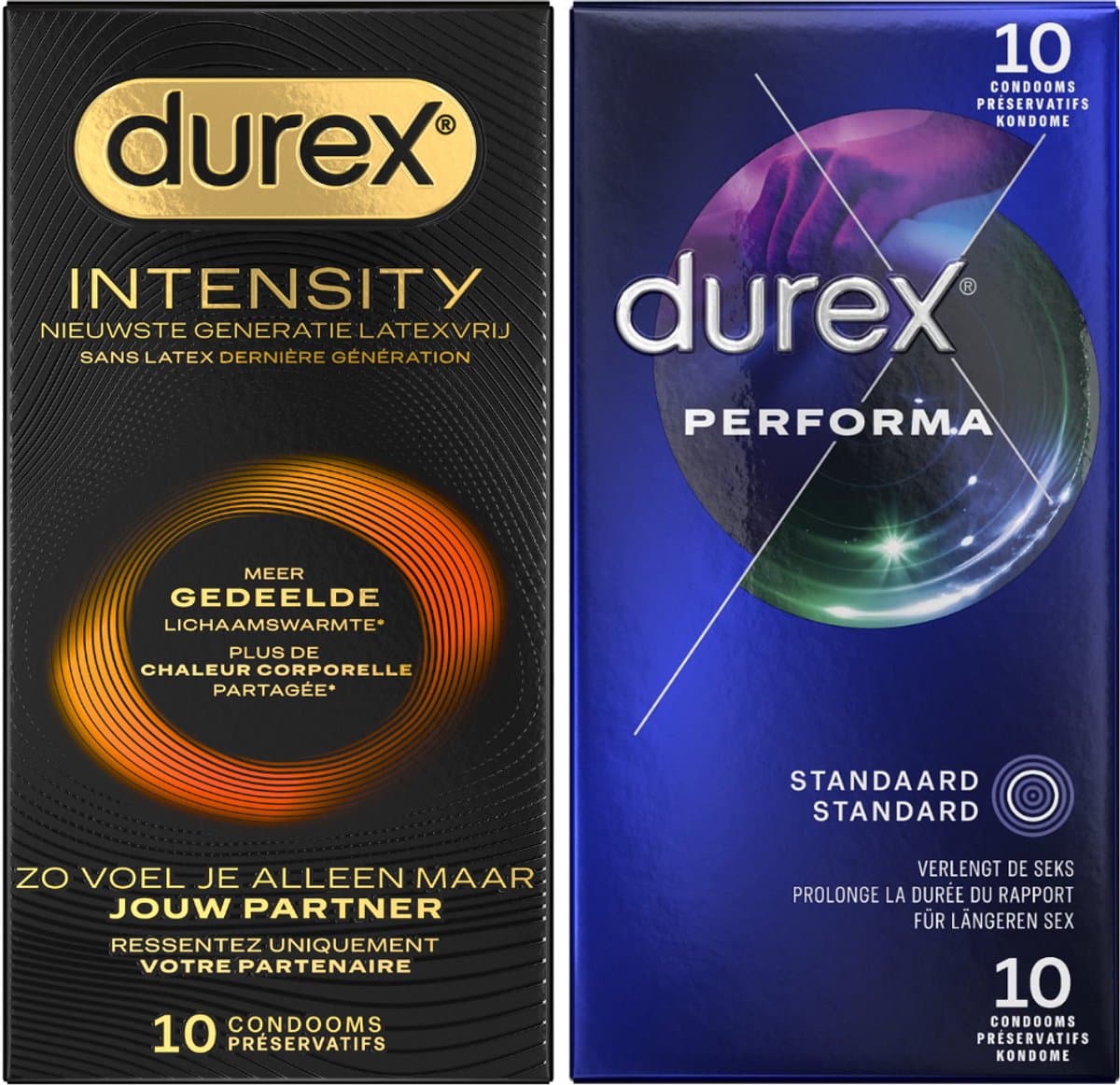 Durex - 20 stuks Condooms - Intensity 10st Nieuwste generatie ultradun, gedeelde lichaamswarmte - Performa 10 st vertragende effect - Voordeelverpakking — afbeelding 1