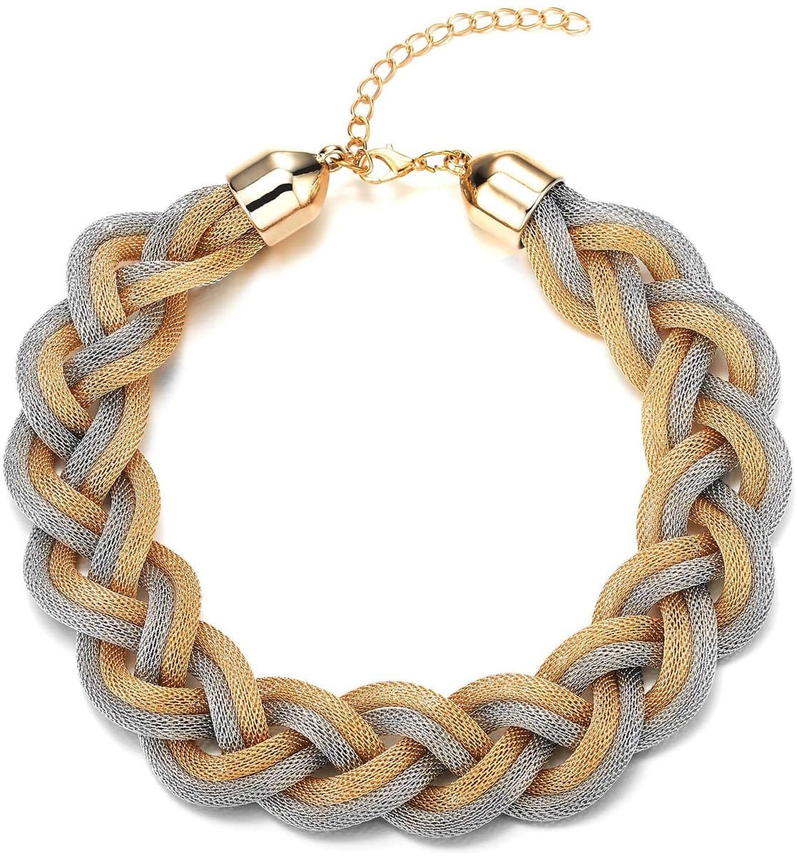 Allecto - Gouden zilveren statement halsketting - Gevlochten holle kabel - Grote slabbetje halsband - 42 cm - Trendy sieraad - Geschikt voor dames ... — afbeelding 1