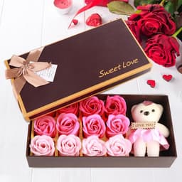 Rozenbloem Pluche Beer - Romantisch Cadeau - Cadeau Geven - Zeepbloemen Met Beer - 24 x 12 x 5 cm — thumbnail 2