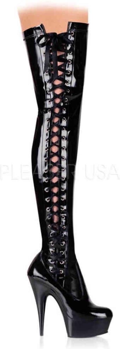 EU 39 = US 9 | DELIGHT-3050 | 6 Heel, 1 3/4 PF Thigh Boot w/Side Ribbon Lace, Side Zip — afbeelding 1