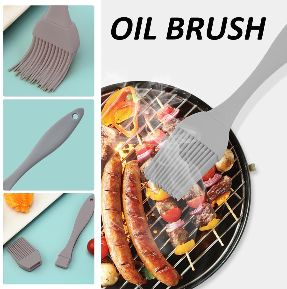 5 grijze heteluchtfriteuse-bekervormen met 1 grijze olieborstel, siliconen bakvormpjes, kleine puddingvormen, siliconen bakvormen voor het bereiden van pudding, cake, eieren enz. — afbeelding 1