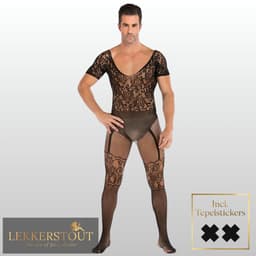 LekkerStout Heren Catsuit met Open Kruis - Zwart - Visnet Herenlingerie - One Size S-XL | LS141 — thumbnail 2