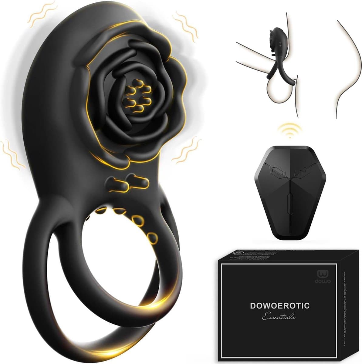 DOWO® - Vibrerende Cockring - met Afstandsbediening - met Roos Clitoris Stimulator - Cockring - Penisring - Cockring Vibrerend - 8 Vibratiestanden - 2 in 1 - Cock Ring Siliconen - Sex toys - Seksspeeltje voor Mannen & Vrouwen - Zwart — afbeelding 1