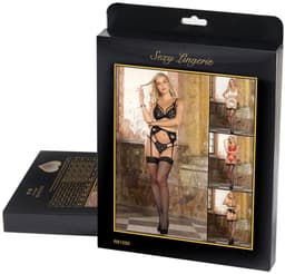 Sexy Lingerie - 3-delige Luxe Erotische Lingerie Set - BH in Kanten Cups met Strikjes - Jarretel en String met hartvorm - Erotiek - Valentijnsdag - kleur Zwart - Maat XS-S — thumbnail 5