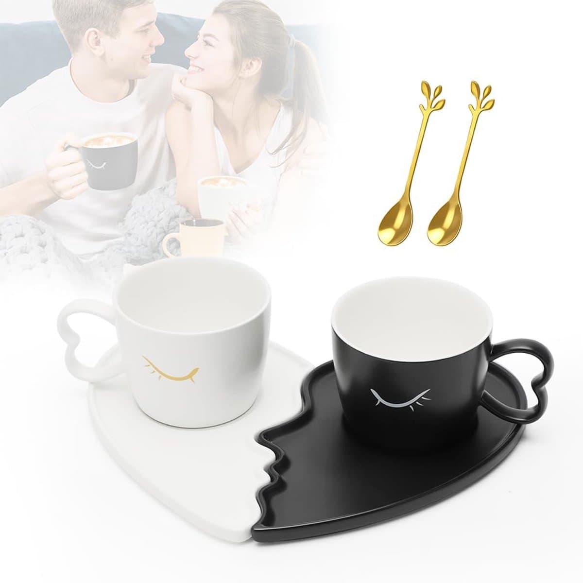Kusjes Mok Set - Koffie Kopjes - Romantische Momenten - Uniek Ontwerp - 500ml Capaciteit - Wit — afbeelding 1