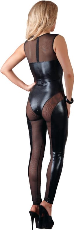 Cottelli Collection – Geregen Catsuit van Transparant Powernet met Wetlook Extravagant en Aantrekkelijk – Maat S - Zwart — thumbnail 3