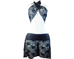 BamBella ® - Erotische Kleding set - L/XL - Nep leer kant doorzichtig blauw zwart