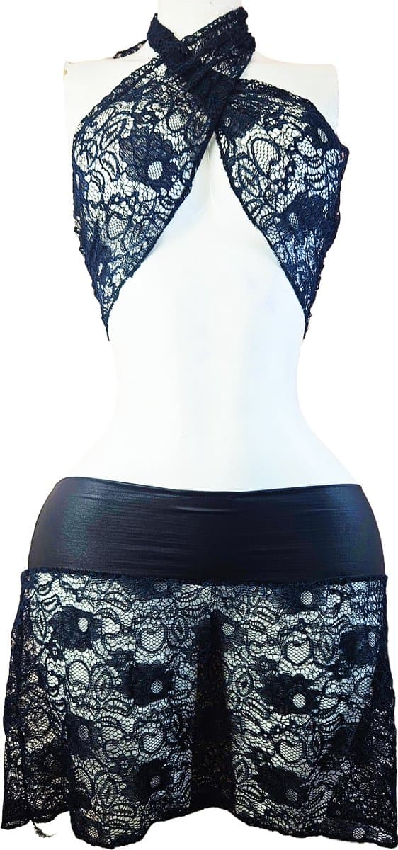 BamBella ® - Erotische Kleding set - L/XL - Nep leer kant doorzichtig blauw zwart — afbeelding 1