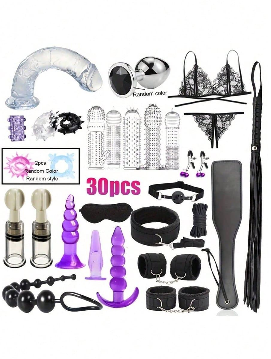 Daity 30-delige BDSM Sex Speeltjes Set - Erotische Bondage Set met Vibrator, Handboeien, Buttplugs, Zweep, en Meer - Volwassen Speelgoed voor BDSM Spelletjes en Intiem Spel - zwart — afbeelding 1