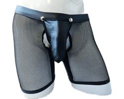 BamBella® L/XL open kruis Boxer short kant voor mannen - doorzichtig BDSM Erotische Sexy Lingerie lang Heren - Zwart mannen ondergoed slip