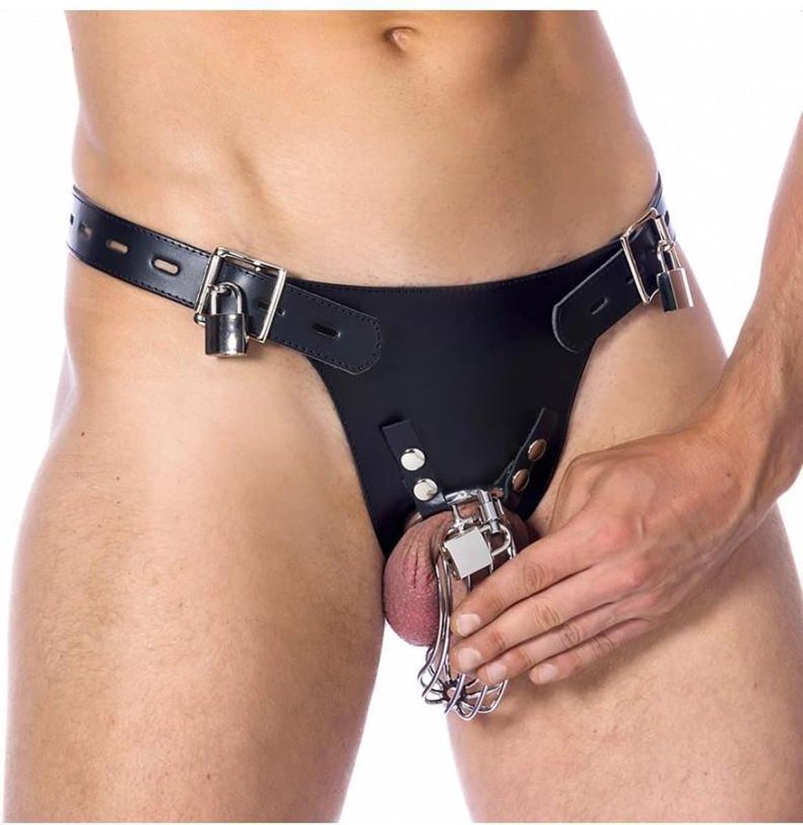 Rimba Bondage Play - Kuishuidsgordel - Leren Kuisheidsslip met Hangsloten en Peniskooi - Zwart & Zilver - Verstelbaar — afbeelding 1