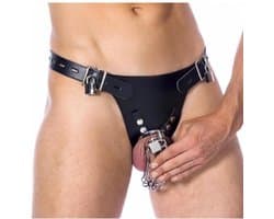 Rimba Bondage Play - Kuishuidsgordel - Leren Kuisheidsslip met Hangsloten en Peniskooi - Zwart & Zilver - Verstelbaar