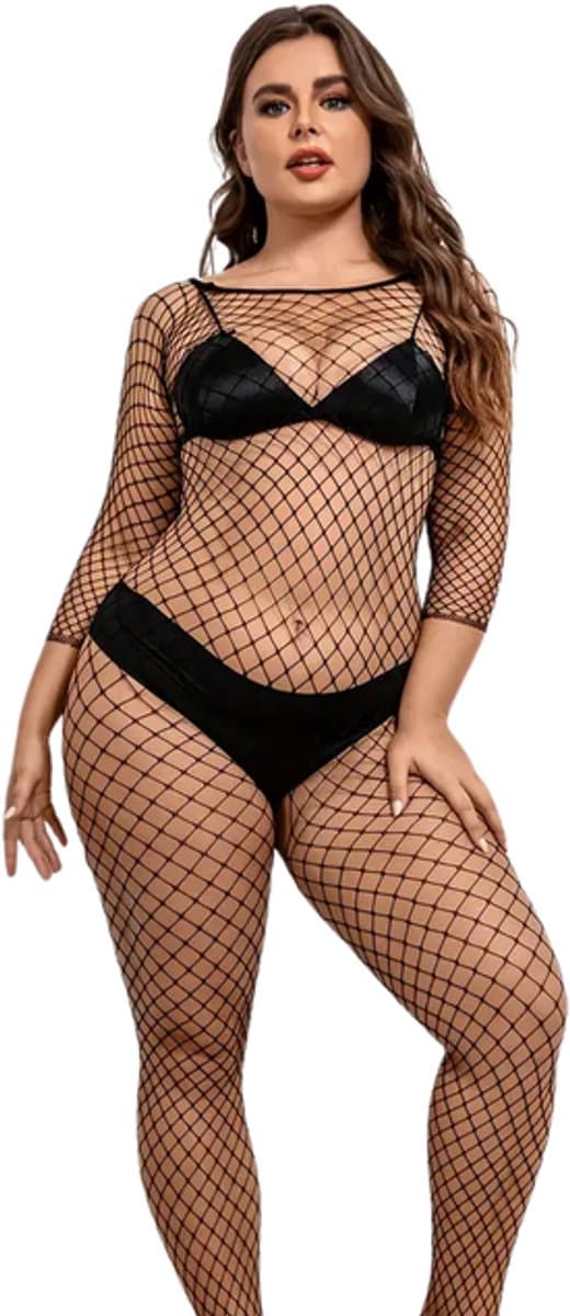 LekkerStout Plus Size Visnet Catsuit - Zwart, Kruisloos Design - One Size L-XXL | LS269 — afbeelding 1