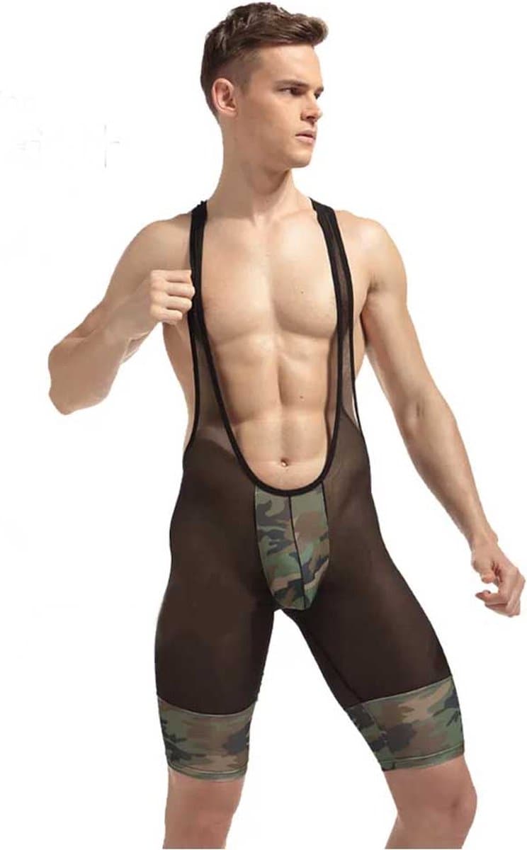 Camouflage bodysuit Heren - Mannen kleding erotisch - Doorschijnend - Jumpsuit rollenspel - Tankini - Legerprint — afbeelding 1